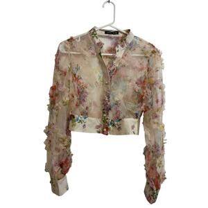 3D Floral Sheer Mesh Cropped Blouse XS Pearl Button Romantic Cottagecore